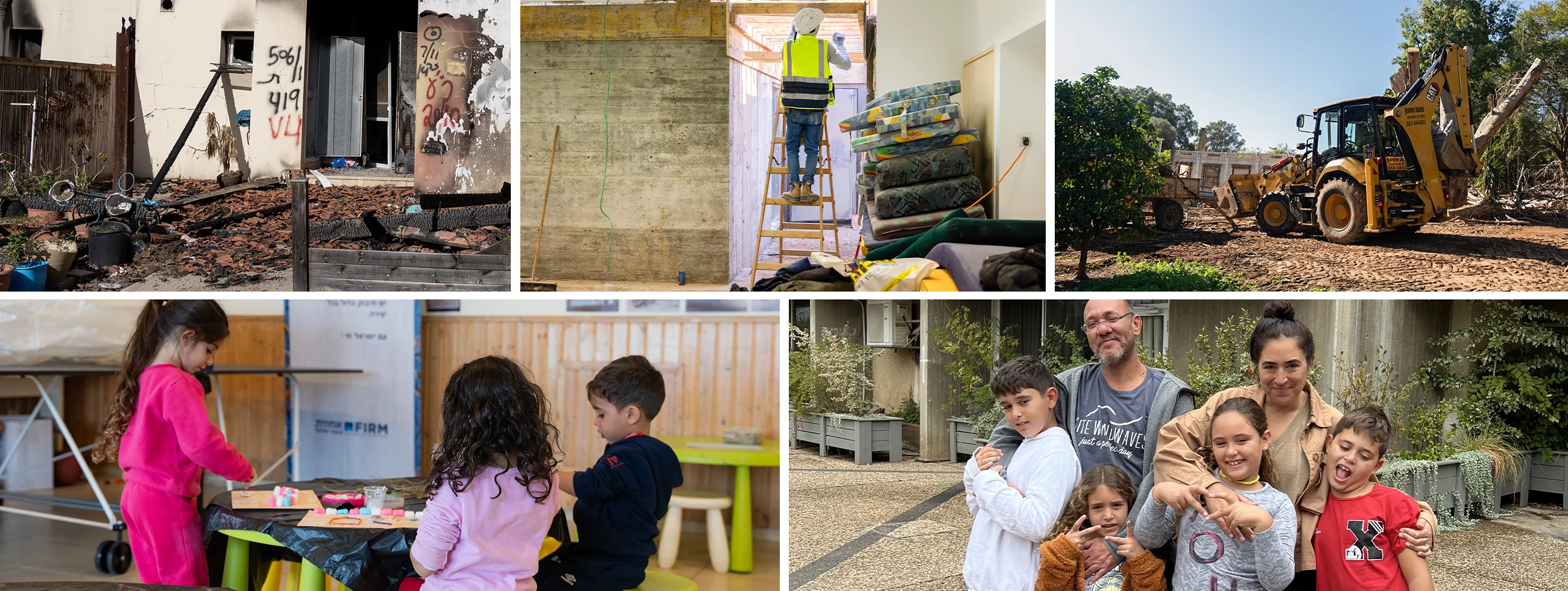 A grid of 5 photos of construction workers rebuilding schools and homes in the Israeli communities near the Gaza border.
