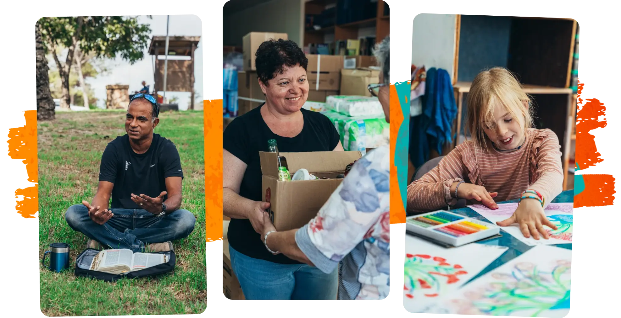 3 photos show a man reading the Bible on grass; a woman handing a box of supplies to another woman; and a young girl paints with her fingers on a table