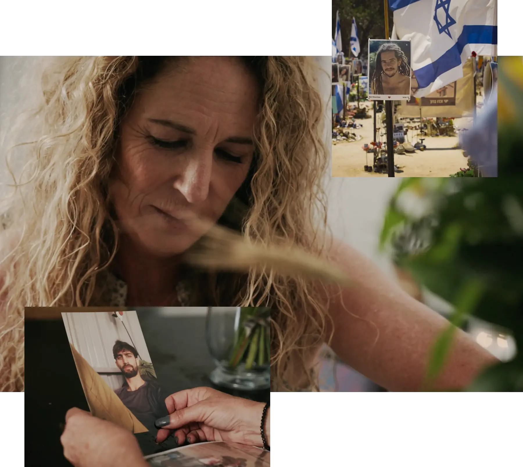 A photo collage of a mother looking at a photo of her son who was killed, the close up of that son's photo, and a photo of a man who was taken at the Nova Music Festival