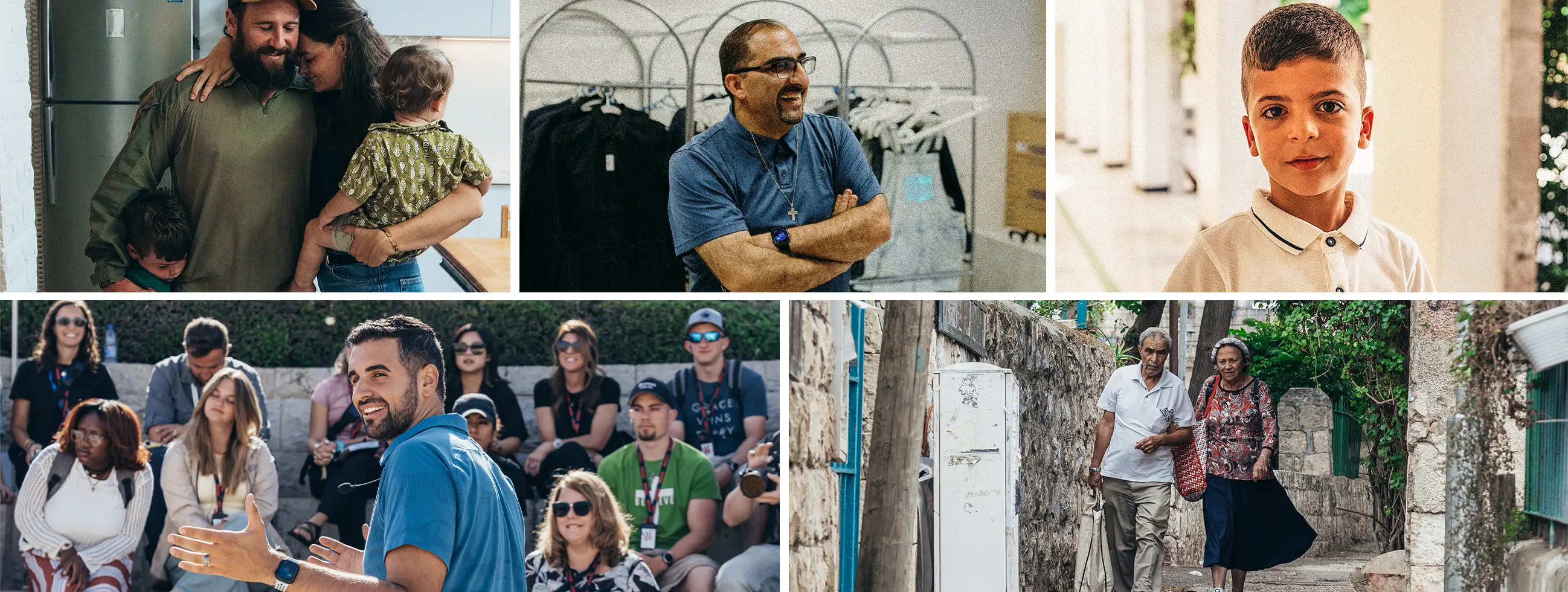 A grid of 5 photos of people smiling in Israel, taking tours, playing guitar, and eating food.