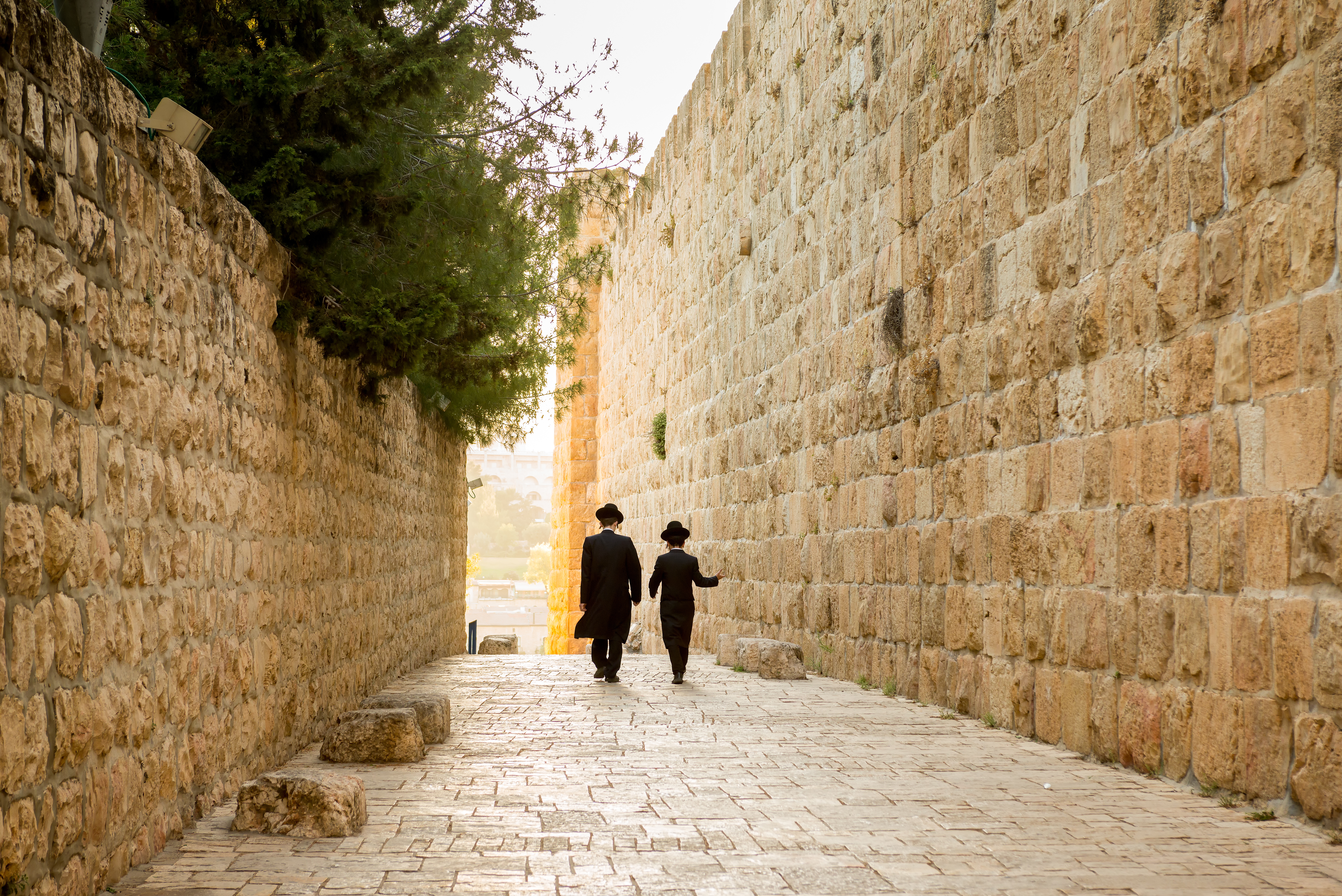 two men walking down a Jerusalem street