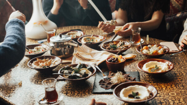 Lebanon cuisine served in restaurant. A young company of people