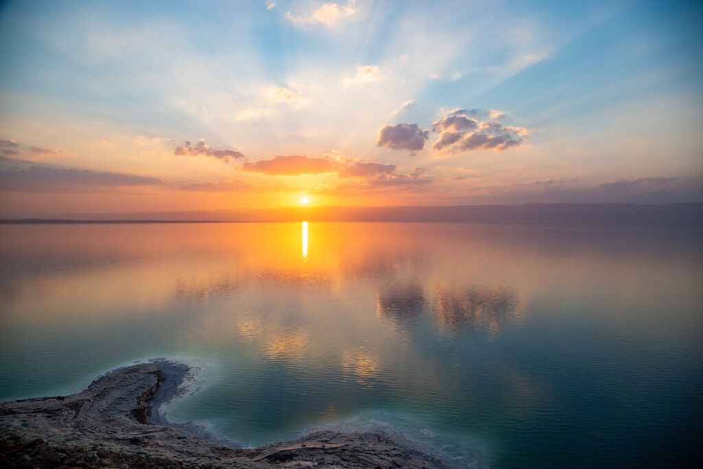 Amazing sunset over Dead sea, view from Jordan to Israel