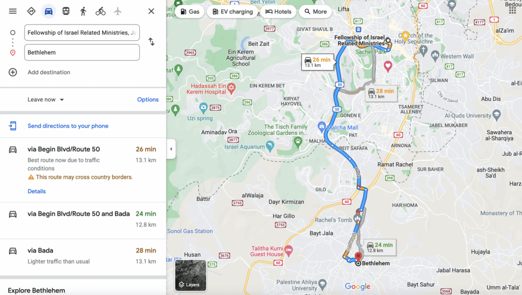 distance from the city center of jerusalem to bethlehem