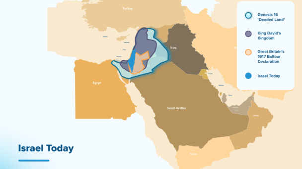 Middle East Map showing Biblical land deeded to Israel plus kingdom of King David plus Balfour Declaration and Israel Today