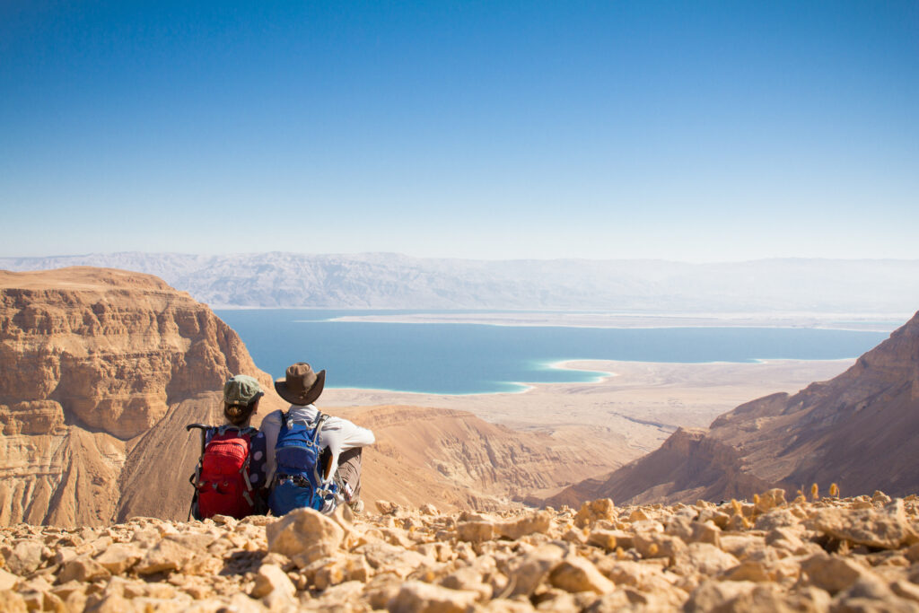 Couple in love overlooking the Dead Sea. Ahava is one of the Hebrew words for love