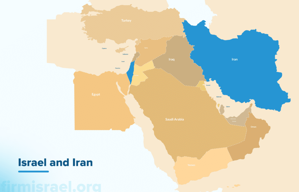 Map of Israel and Iran
