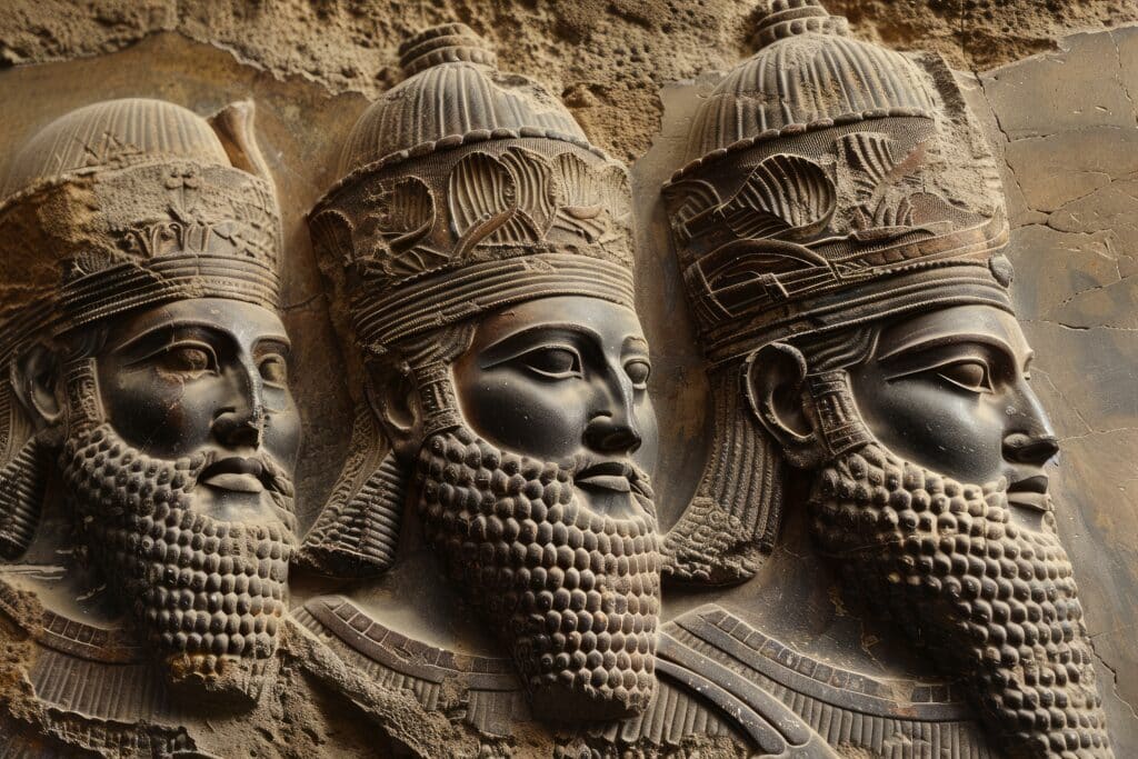 Detailed basrelief of persian kings from persepolis with intricate headdresses